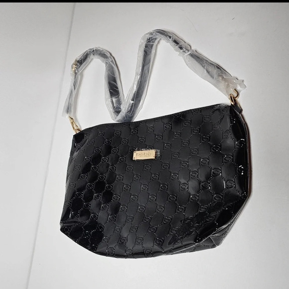 Bebe Dana Embossed Patent Black With Gold Hardware Shoulder Bag New Without Tags - Picture 1 of 6